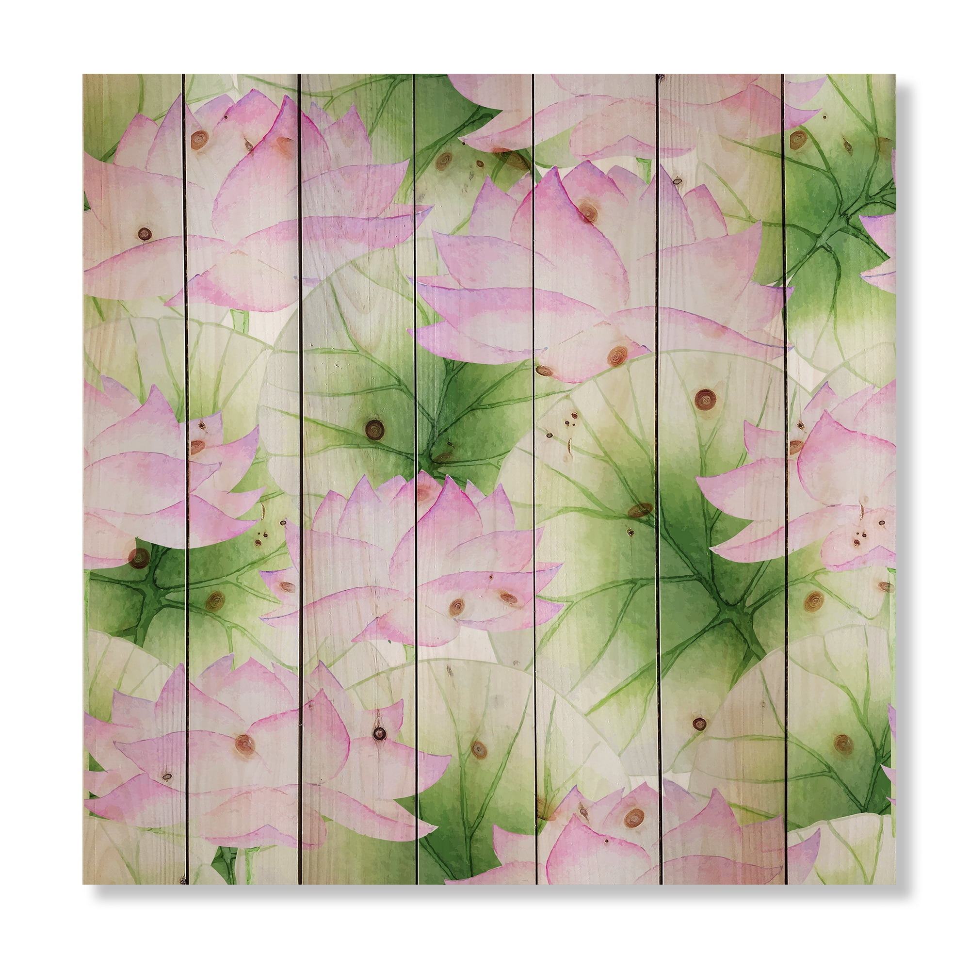 Designart 'Ancient Pink Lotuses In The Pond IX' Traditional Print on Natural Pine Wood