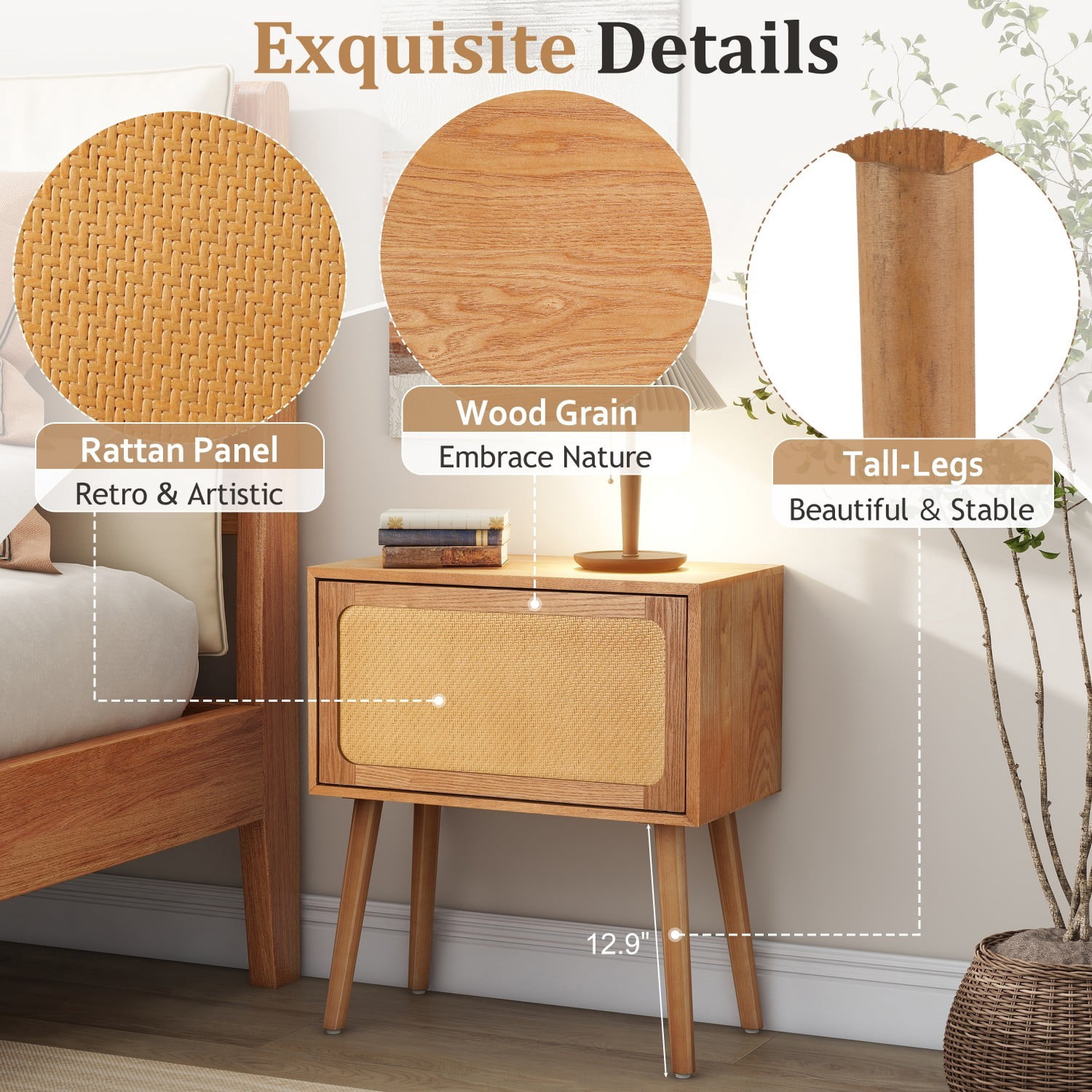 Rotating Hidden Compartment Nightstand, Mid Century Modern Rattan Bedside Table with Concealed Storage, Wood Legs End Table for Bedroom Living Room Dorm, Natural