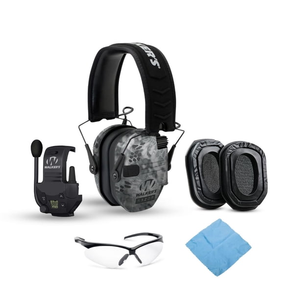Walkers Razor Digital Ear Muffs (Raid Kryptek) Bundle with Walkie Talkie Attachment, Ear Pad (Black), Glasses (Clear), and Cleaning Cloth (5 Items)