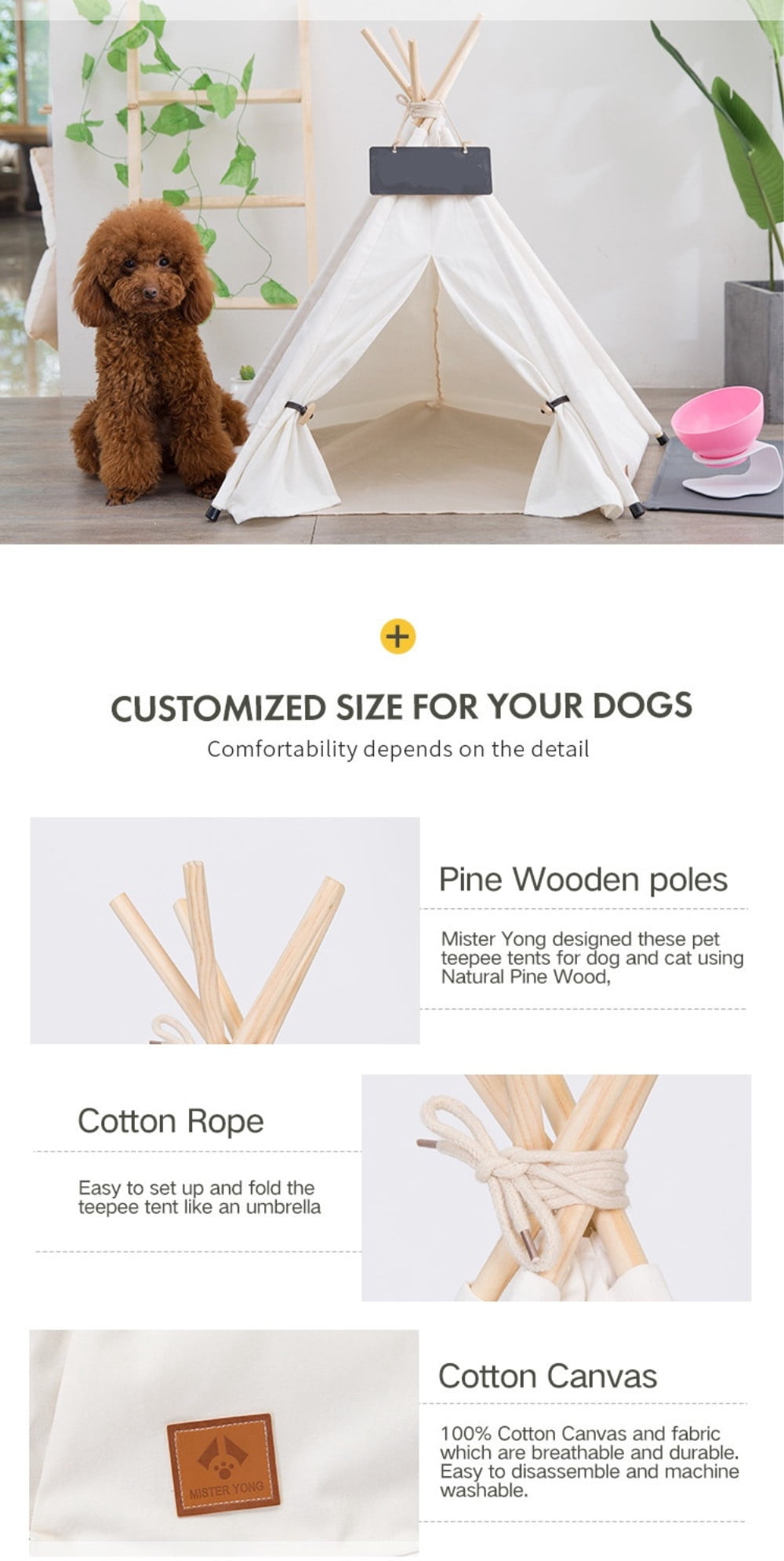 Pet Teepee Dog & Puppy Cat Tents Tipi Bed Portable Houses with Thick Cushion for Pets Up to 15lbs