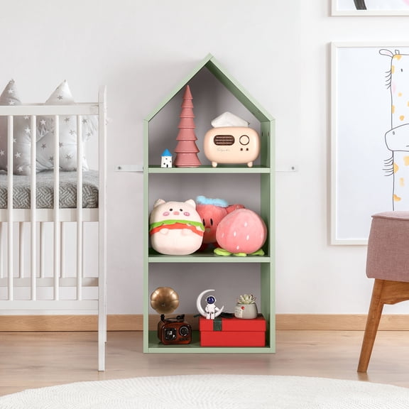 Tier Open Shelf Bookcase, Freestanding Shelves and Cube Organizer for Display - House Shape Green