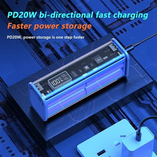 Juegos de Baterías Recargables Placa Principal y Estuche PD Carga Rápida Energía Móvil Batería Recargable de Iones de Litio 18650, Azul