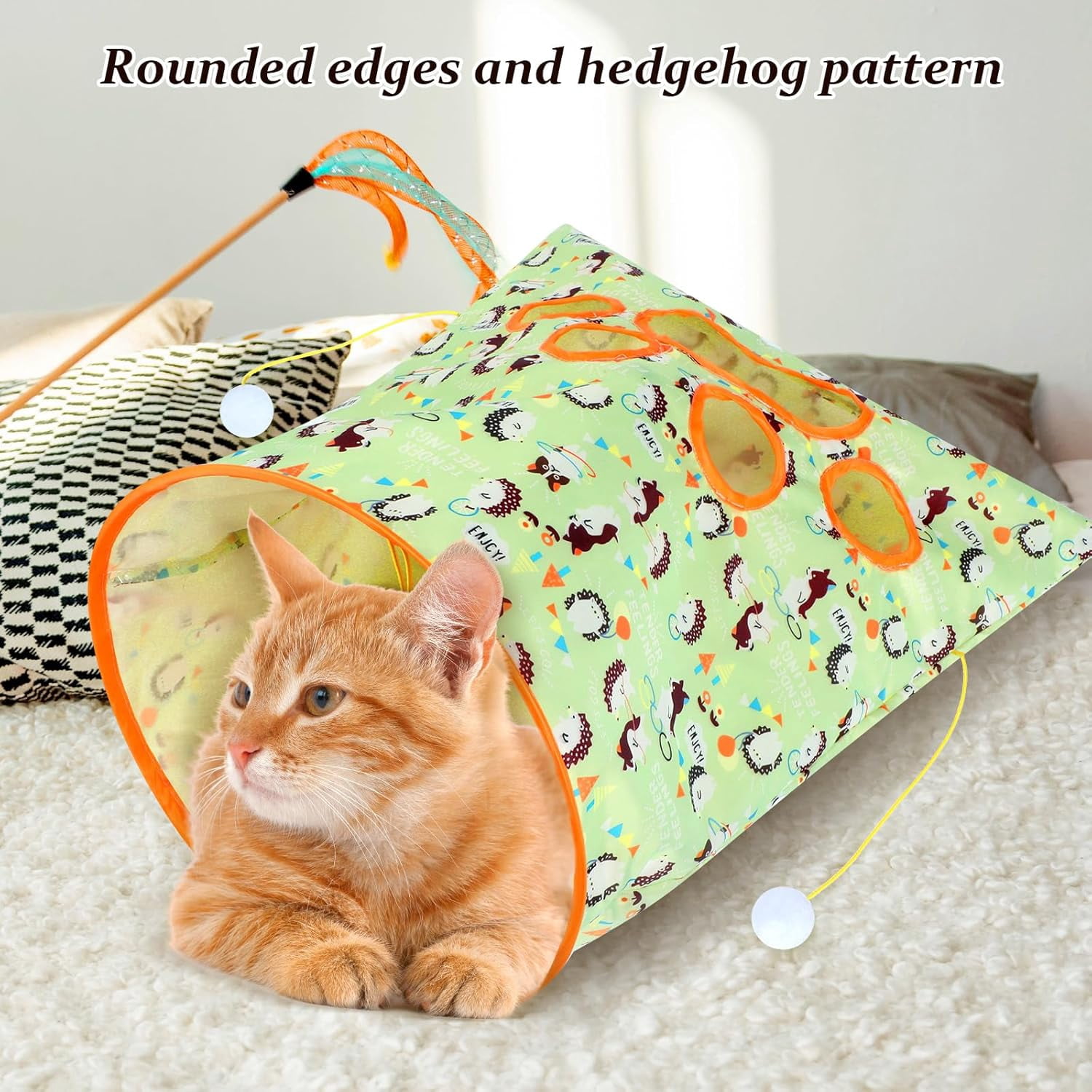 Cat Tunnel Bag with Toy Balls and Mouse, Collapsible Crinkle Sack, Light Green