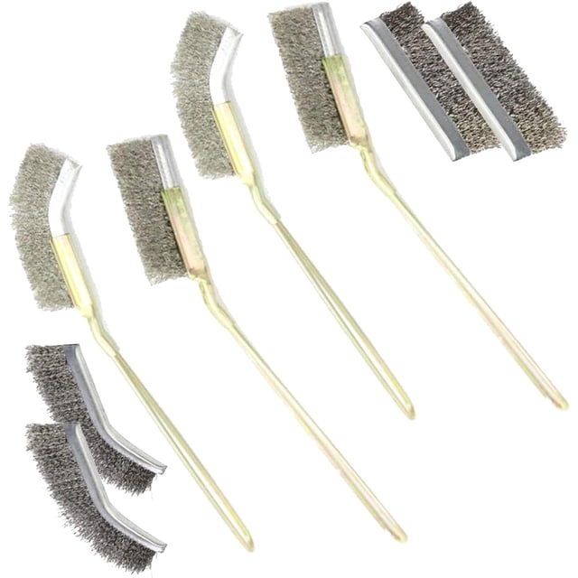 Mini cepillos de alambre, juego de 8 cepillos de alambre de acero inoxidable, mango recto y curvo, accesorios de limpieza para limpiar óxido de soldadura