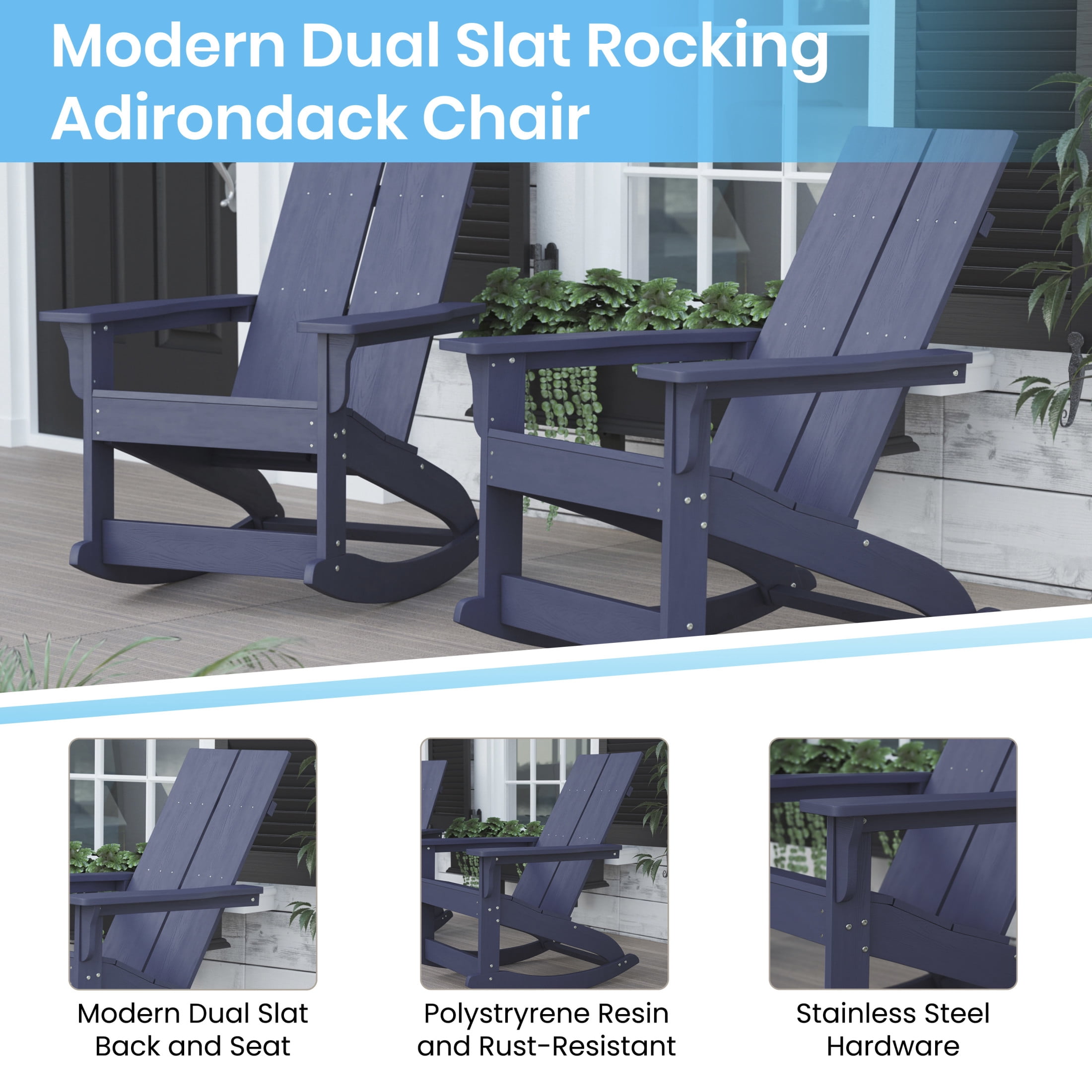 Flash Furniture Finn Poly Resin Rocking Adirondack Chair - Navy