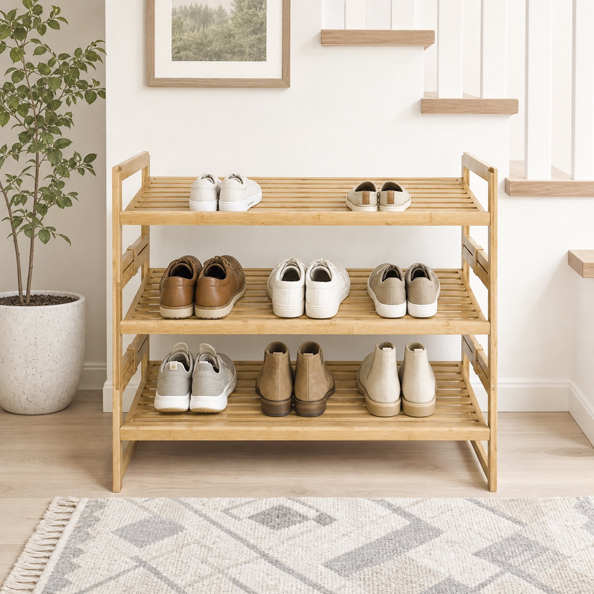 (2 pack) Better Homes & Gardens Bamboo 3-Tier Shoe Rack, Holds 9 Pairs
