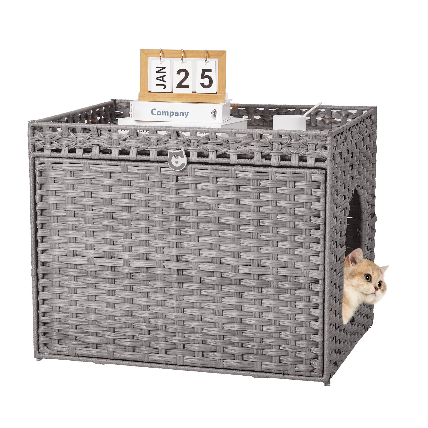 Hidden Cat Litter Box Enclosure Furniture, Handwoven Rattan Cats Litter Box Cabinet with Mat, Large Indoor Cat House with Fence, Cats Washroom Furniture for Living Room Apartment