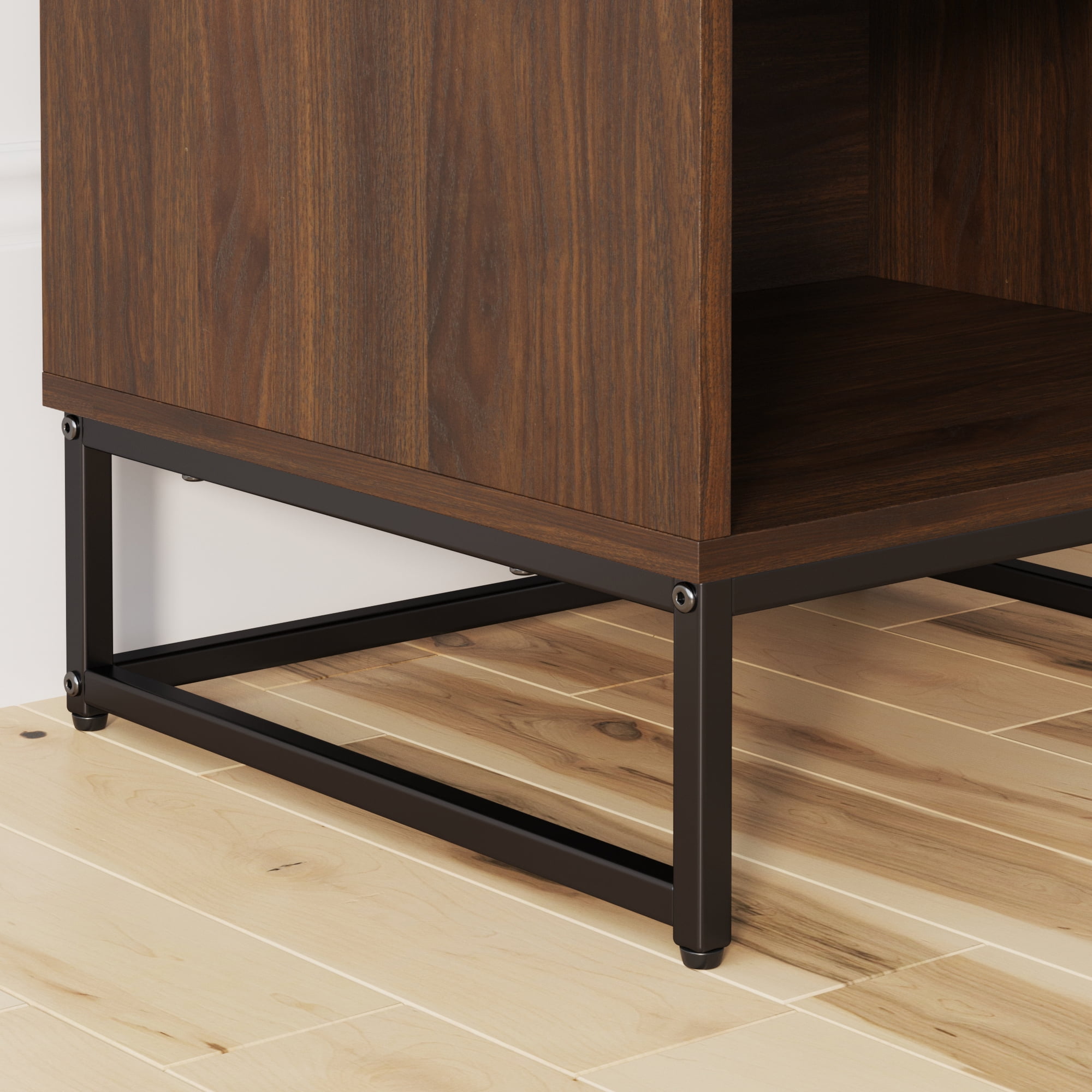 Nathan James Kensi Walnut Rustic Nightstand Black Matte Metal Base with Open Cubby for Storage and Drawer