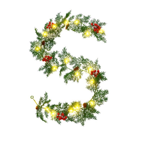 Christmas Garland with Lights, 6Ft Lighted Cypress Leaves Garland Decorated with Pine Cones, Berry, Battery Operated Christmas Lights for Mantle Fireplace Stairs Wall Table