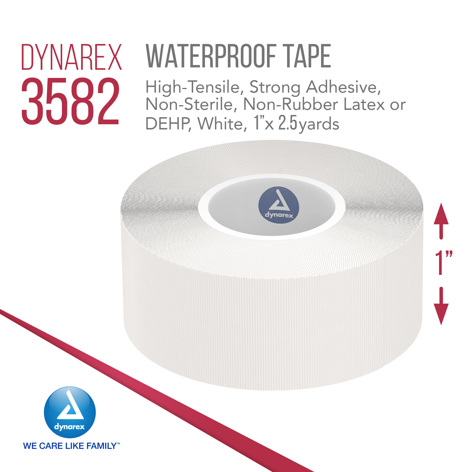 Dynarex Waterproof Adhesive Tape - High-Tensile, Strong Adhesive, Non-Sterile - No Rubber Latex & DEHP - 1” x 2.5 Yards - 500 Rolls per Bulk Case