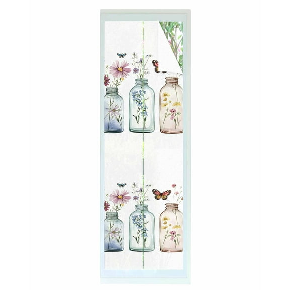 Window Privacy Film Pink Wildflowers Stained Glass Window Film Decorative Sun Block Window Cover Elegant Butterflies Spring Floral Window Clings Static Adhesive Sticker for Bathroom 17.7"x78.7"