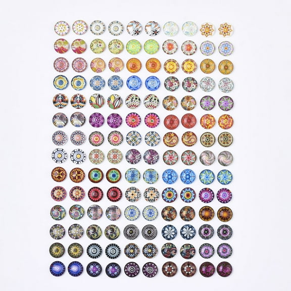 140pcs Glass Cabochons with Self-Adhesive for DIY Jewelry Making Half Round with Mixed Patterns Flower Pattern 12x4.5mm