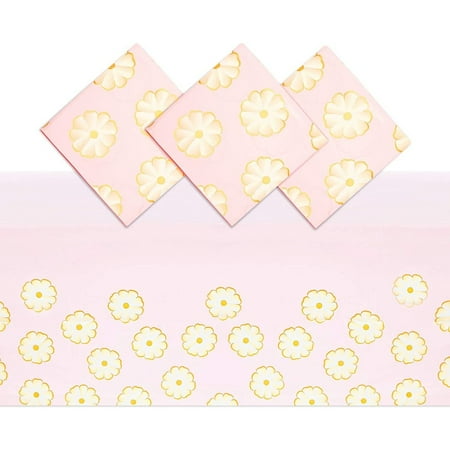 Pink Daisy Plastic Tablecloth for Weddings, Baby Showers (54 x 108 in, 3 Pack)