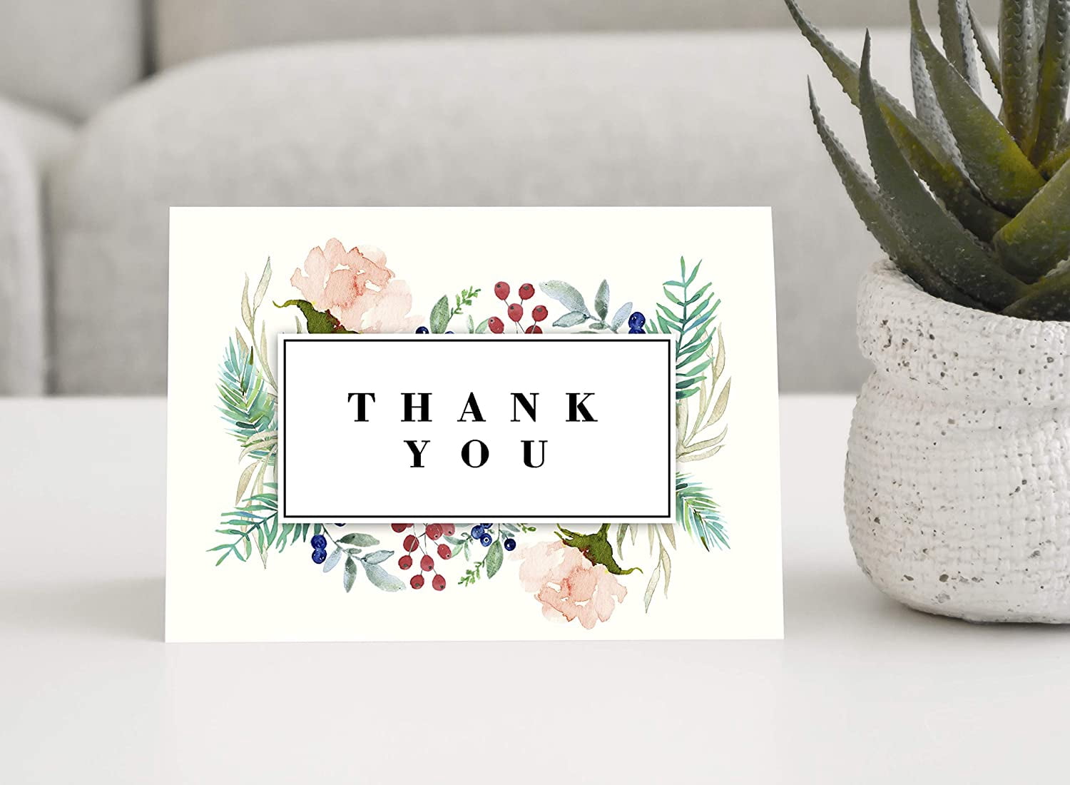 Darling Souvenir White Watercolor Flowers Thank You Card Thank You Notes Business Sympathy Greeting Cards With Envelope - 100 Pcs