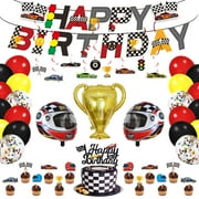 Race Car Birthday PriNst Party Supplies - Decorations With Happy Birthday Banner, Cake Topper, Cupcake Toppers, Balloons, Hanging Swirls for Boys Let's Go Racing Party