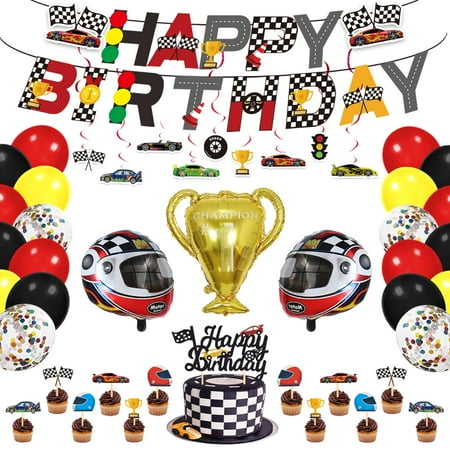 Race Car Birthday PriNst Party Supplies - Decorations With Happy Birthday Banner, Cake Topper, Cupcake Toppers, Balloons, Hanging Swirls for Boys Let's Go Racing Party