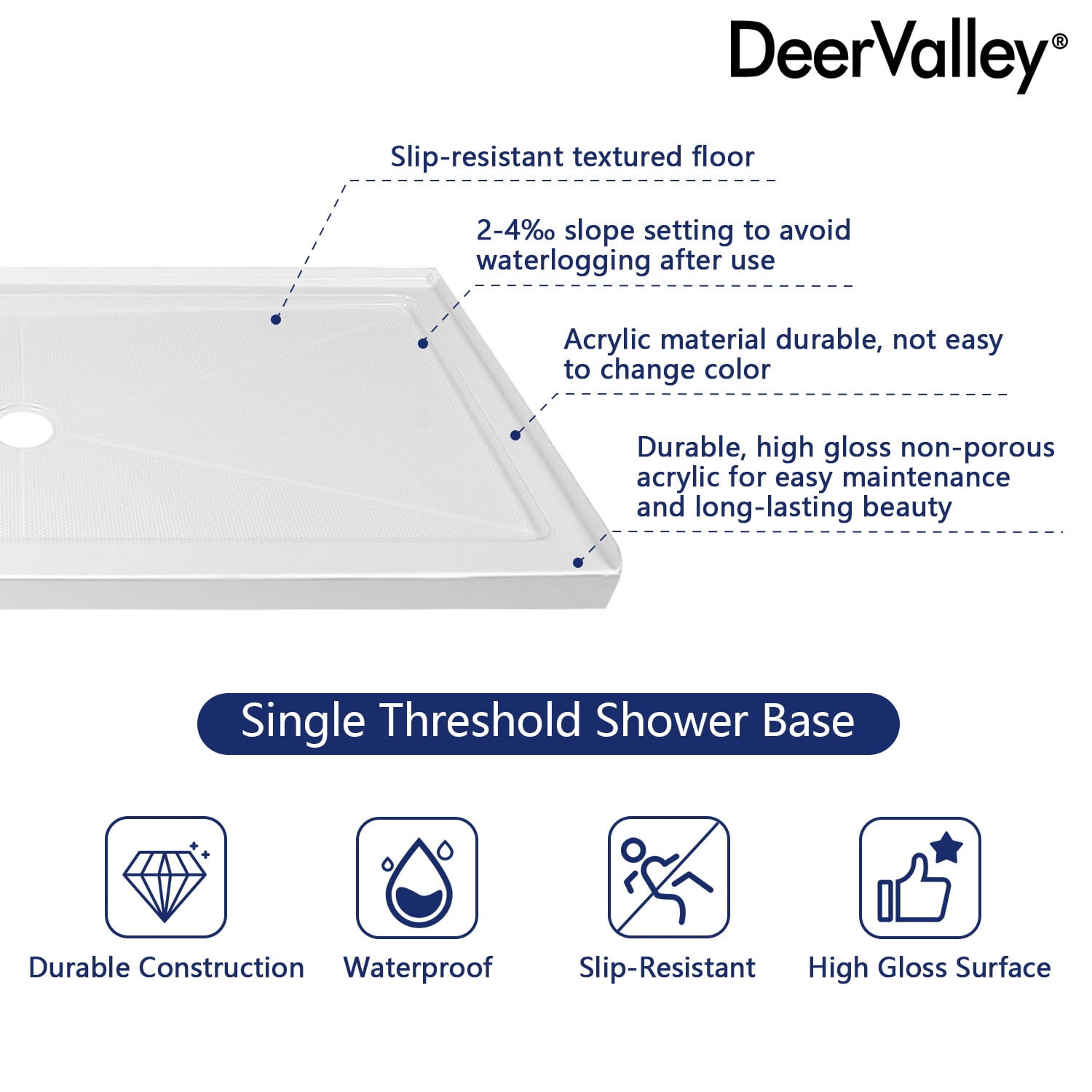 DV-1SB0105 60''W Shower Base in White with Single Threshold Shower Pan, Non-slip Design