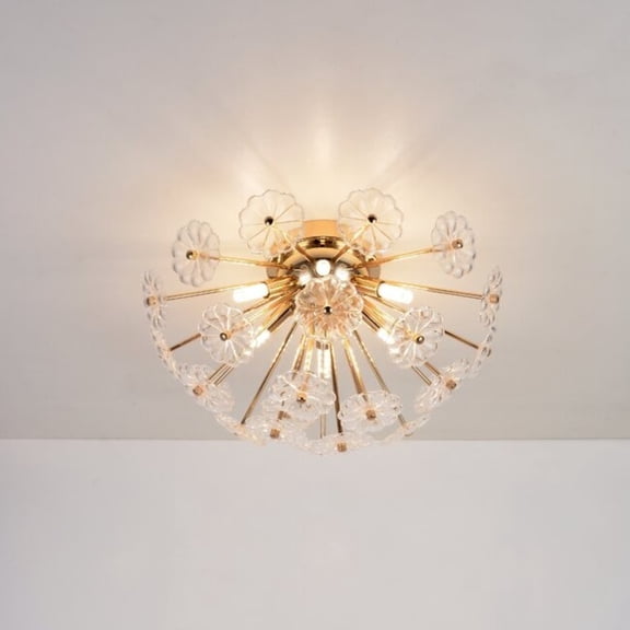 Noble House 19.7" Flush Mount Ceiling Light, Modern Flower Glass Petal Chandelier for Bedroom and Hallway, Golden