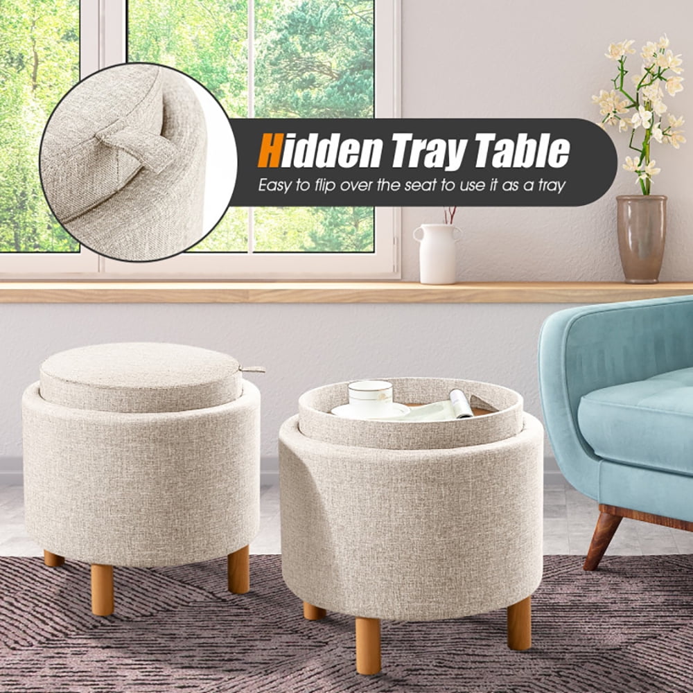 Finihen Round Fabric Storage Ottoman, Footrest Stool, Vanity Chair, Storage Ottoman with Tray and Non-Slip Pads, for Living Room, Bedroom, Beige Finihen Round Fabric Storage Ottoman, Footrest Stool, Vanity Chair, Storage Ottoman with Tray and Non-Slip Pads, for Living Room, Bedroom, Beige