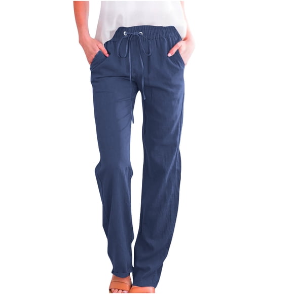 Timegard Womens Cotton Linen Pants Elastic Waisted Drawstring Straight Leg Solid Color Casual Pants