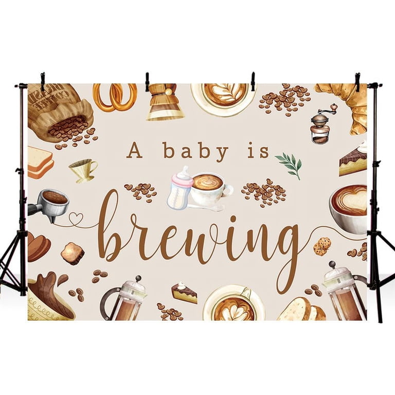 "Baby Is Brewing" Coffee Theme Baby Shower Backdrop - 7x5 Ft Vinyl Photo Background With Milk Bottles & Croissants