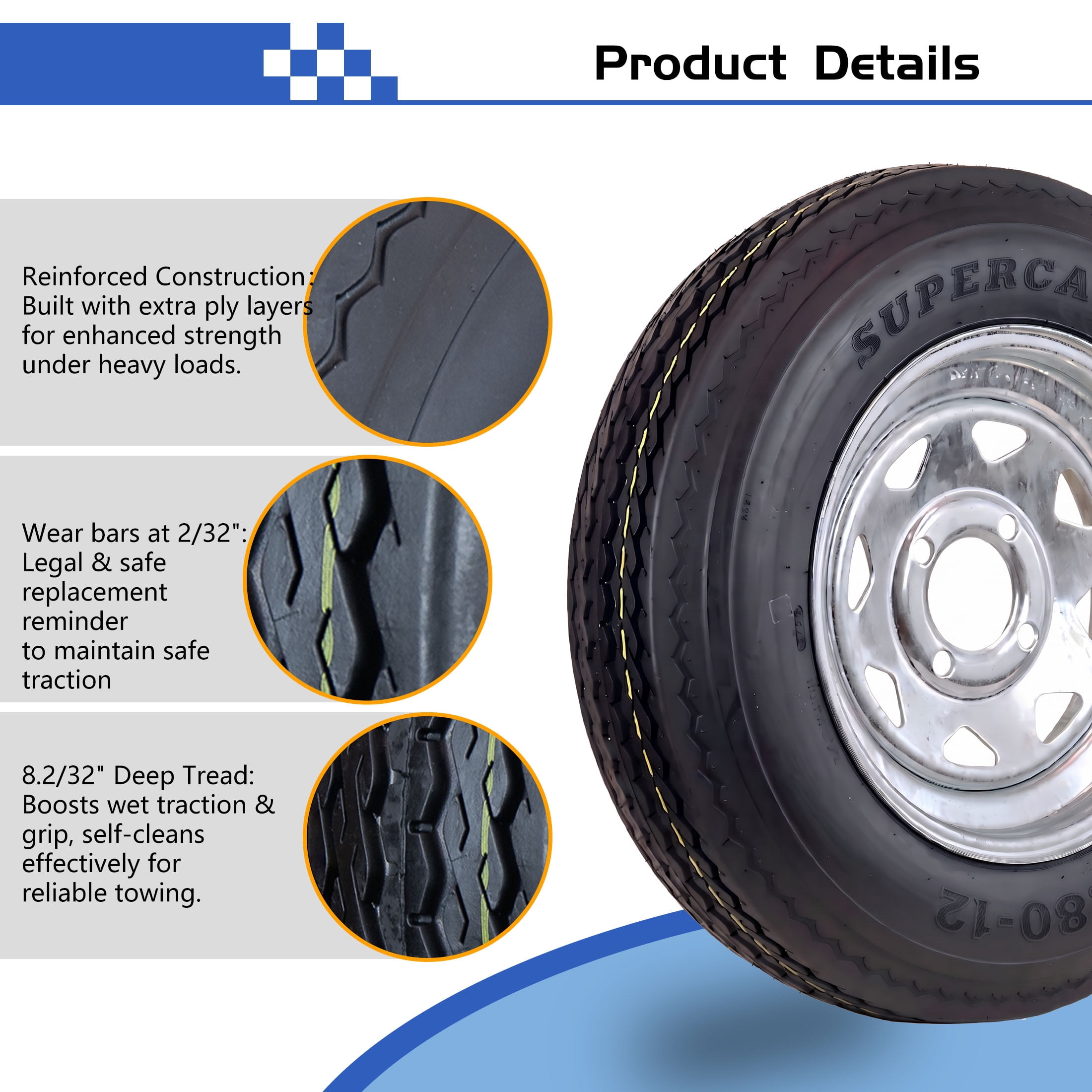 SUPER CARGO 2 Set SU02 4.80-12 6PR Boat Trailer Tire and 4-Lug Galvanized 8 Spoke Wheel Assembly