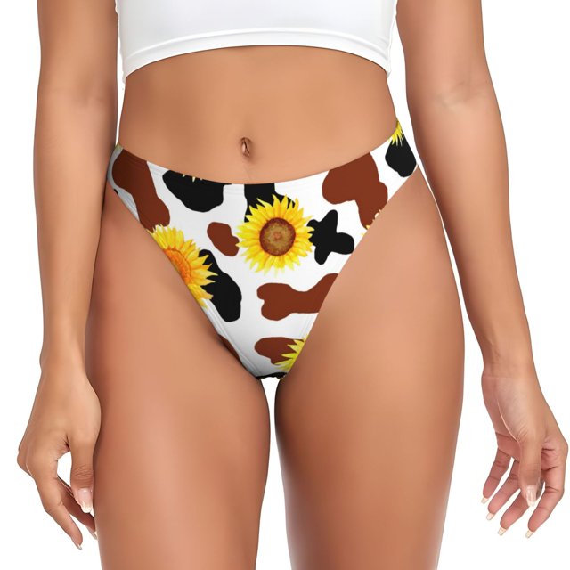 Balery Cow Print Sunflower Tangas de Algodón para Mujer con Estampado – Ropa Interior Sexy, Transpirable, G-string-Medium