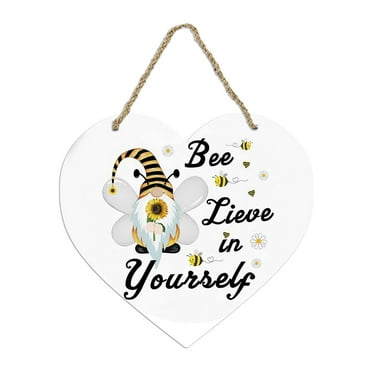 SLYNSHome Bee Door Sign Decor,Bee and Gnome Wood Door Hanger Sign Heart Shape Front Door Wreath Hanging Ornament for Restaurant Wall Farmhouse Porch Decoration