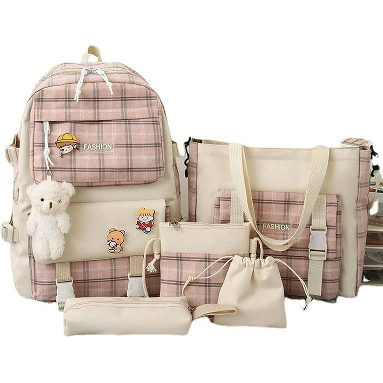 5 Piece Kawaii Backpack, Aesthetic 43*30*20cm School Bag, Cute Backpack  with Badge Charm and Pins for Teen Girls,Pink 