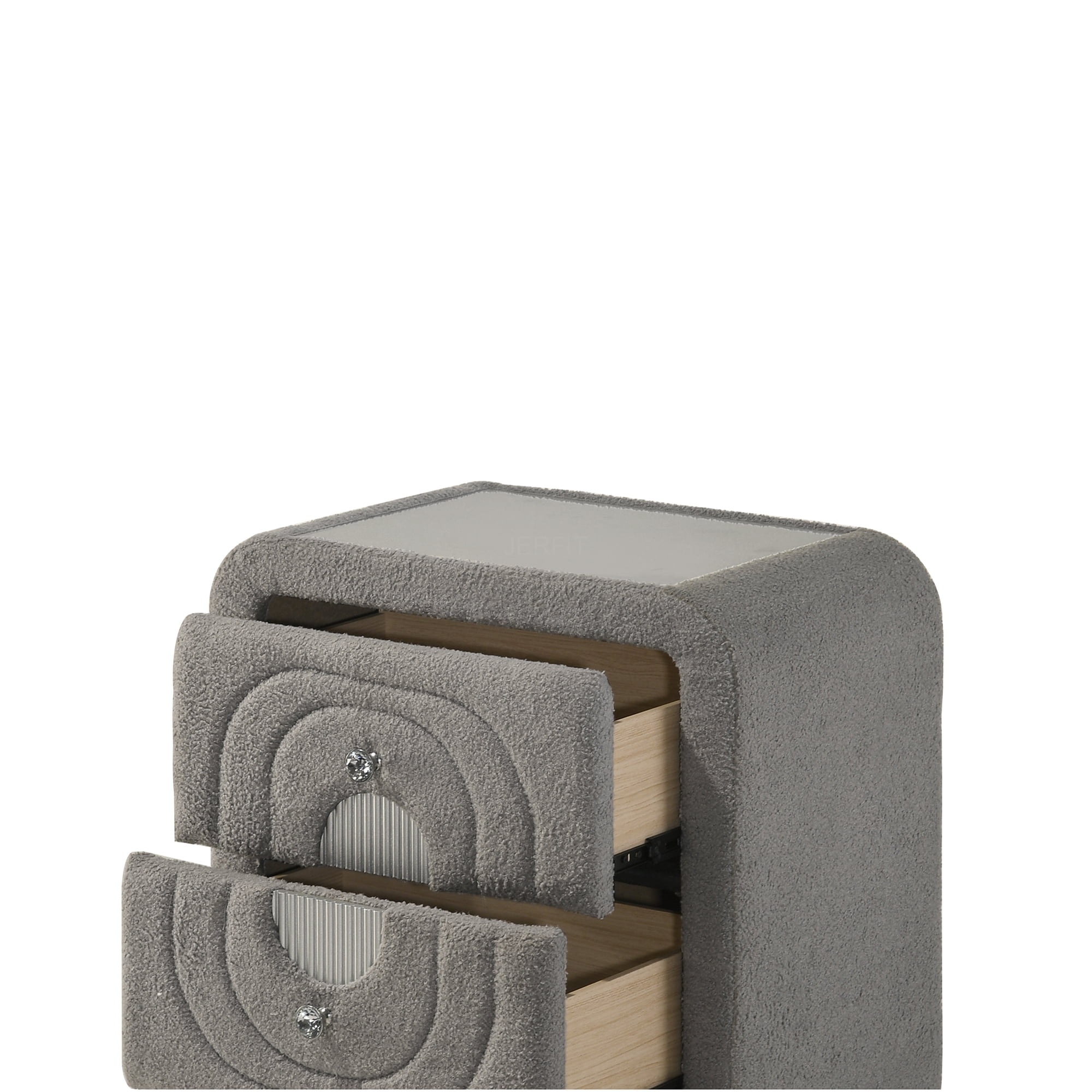 JERFIT Gray Nightstand with Glass Top Teddy Sherpa Upholstery and Chrome Crystal Knobs Small Bedside Table with Drawer