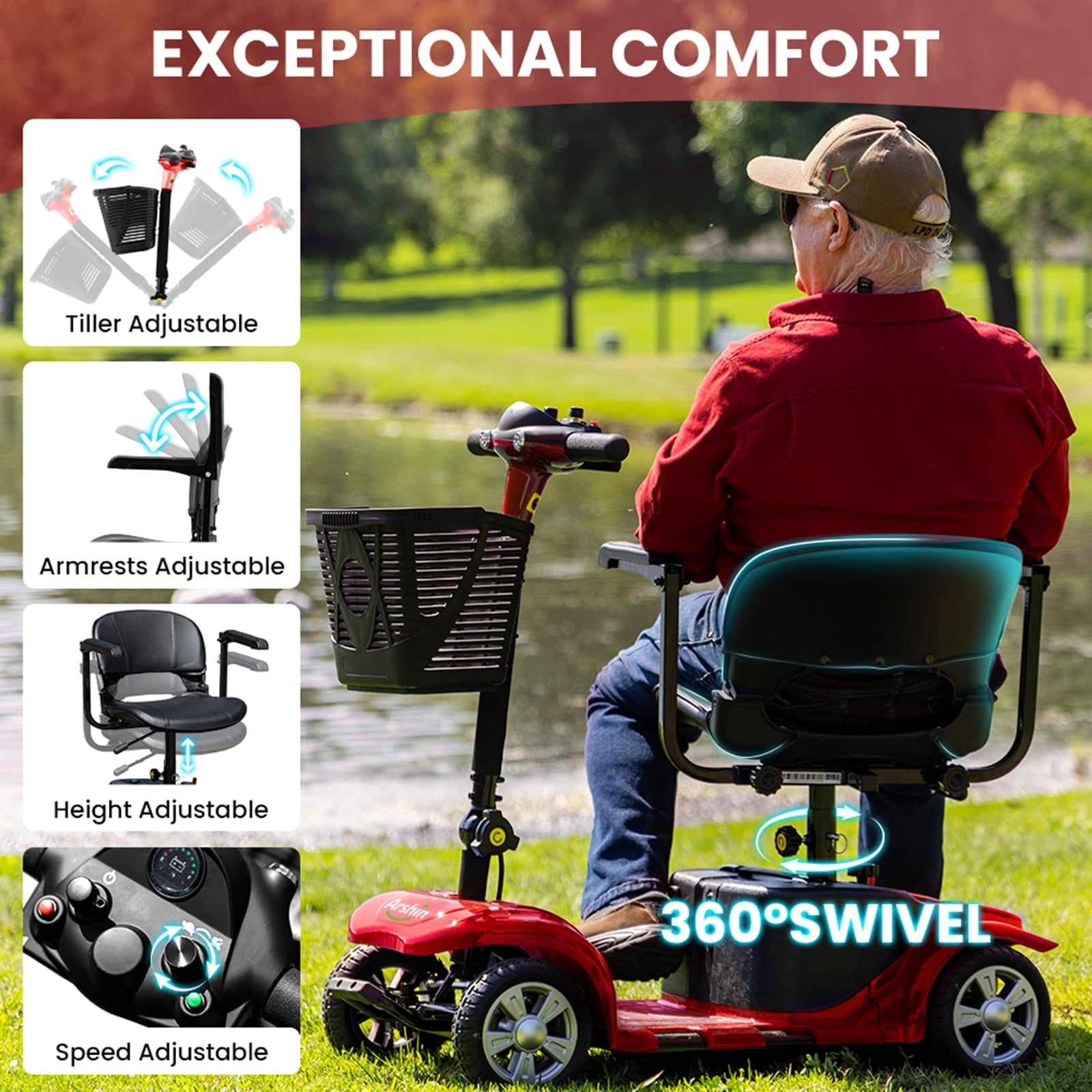 Arshin Upgrade 4 Wheels Mobility Scooters for Seniors & Adult,All Terrain Motorized Scooters with 300 lbs,Red