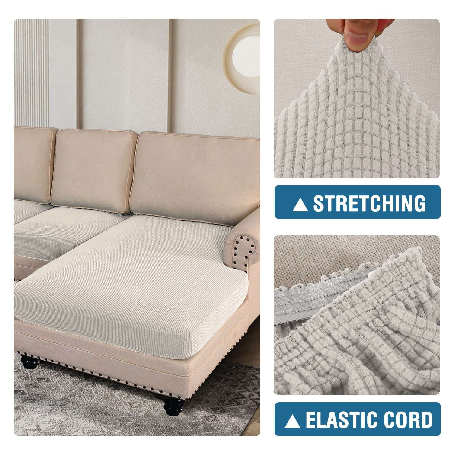 Turquoize 3-Piece Separate Slipcovers Textured Grid Polyester Blend Sectional Couch Sofa Covers for Left/Right L Shape Chaise Lounge Sofa, Ivory 2 Seater + 1 Chaise