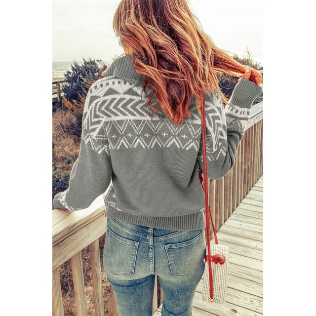ABPHQTO Jersey De Mujer De Punto Geométrico Gris Con Cremallera De Un Cuarto