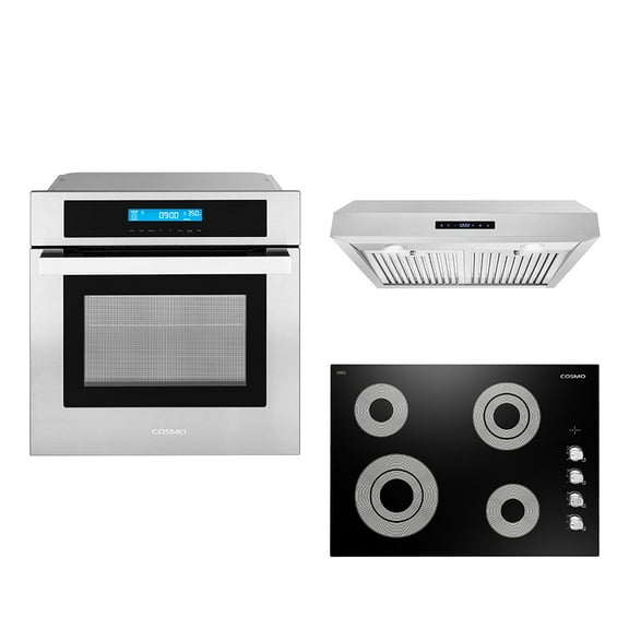 Cosmo 3 Piece Kitchen Appliance Package With 30" Electric Cooktop 30" Under Cabinet Range Hood 24" Single Electric Wall Oven Kitchen Appliance Bundles