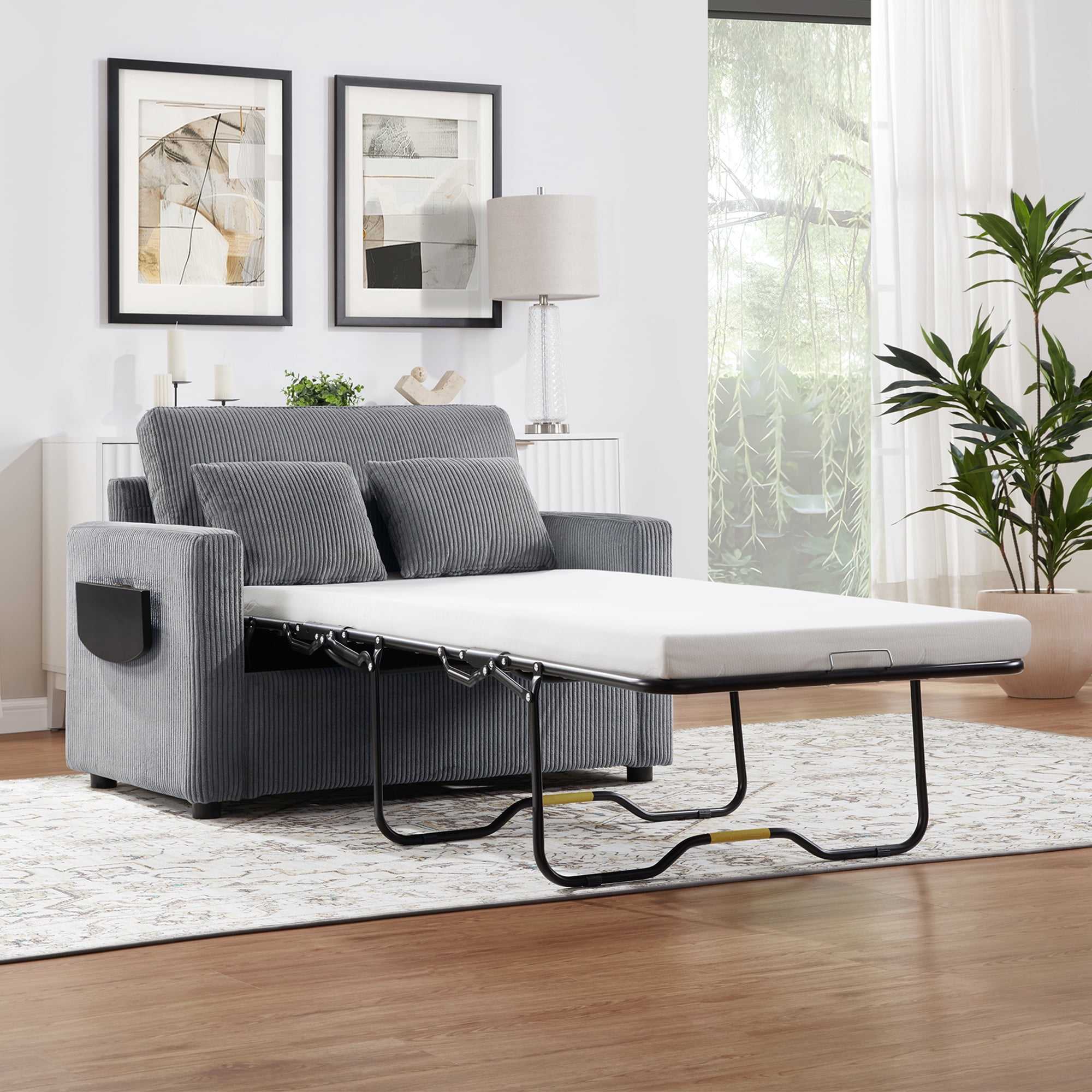 Harper & Bright Designs Pull Out Couch Bed with Mattress, Twin Size Convertible Sofa Bed with Foldable Side Table, Loveseat Sleeper for Living Room Apartment, Gray