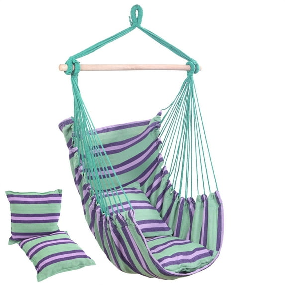 Hammock Chair, Cotton Canvas Hanging Rope Swing with 2 Pillows, Green