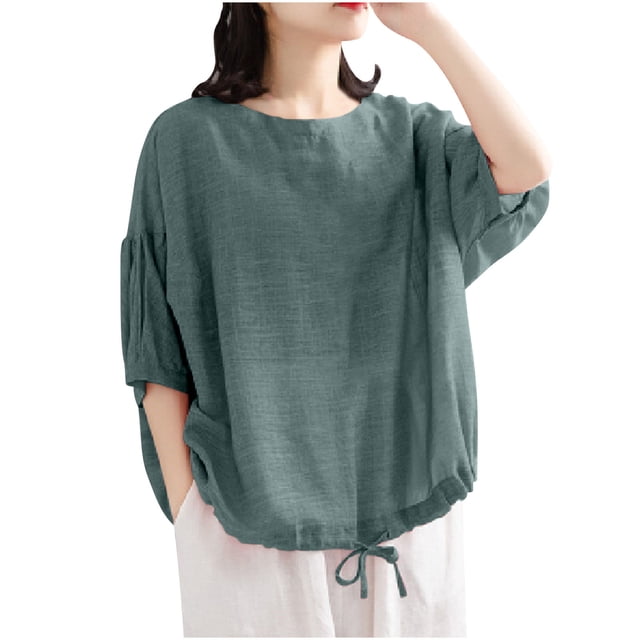 Timegard Womens Tops Round Neck 3/4 Sleeve Drawstring Loose Lightweight Casual Solid Color Blouse Top