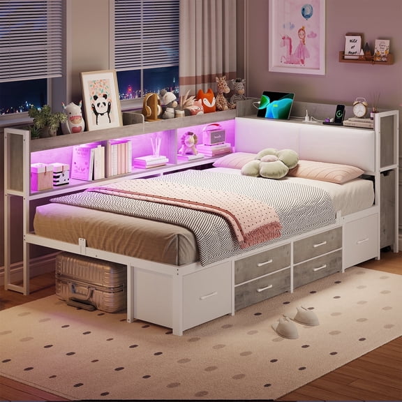 Upholstered Corner Bed Frame with Storage, 14''H Under LED Daybed Frame with Pull-Out Cabinet and Charging Station & 6 Drawers Underneath for Living Room,Bedroom & Guest Room, White & Oak Grey