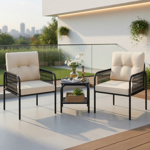 Topcobe 3 Pieces Patio Bistro PE Outdoor Wicker Rattan Furniture Conversation Set, Outdoor Furniture, Modern Furniture for Patio Backyard-Beige