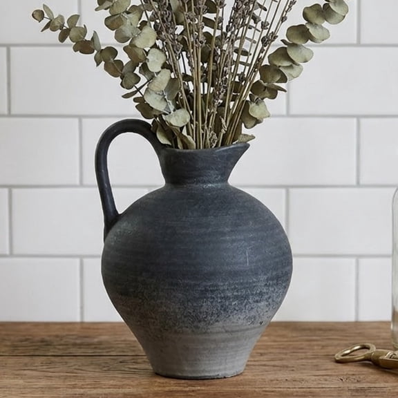 Black Rustic Terracotta Vase with Handle,8.8 Inch Vintage Ceramic Flower Vase for Home and Entryway Decor