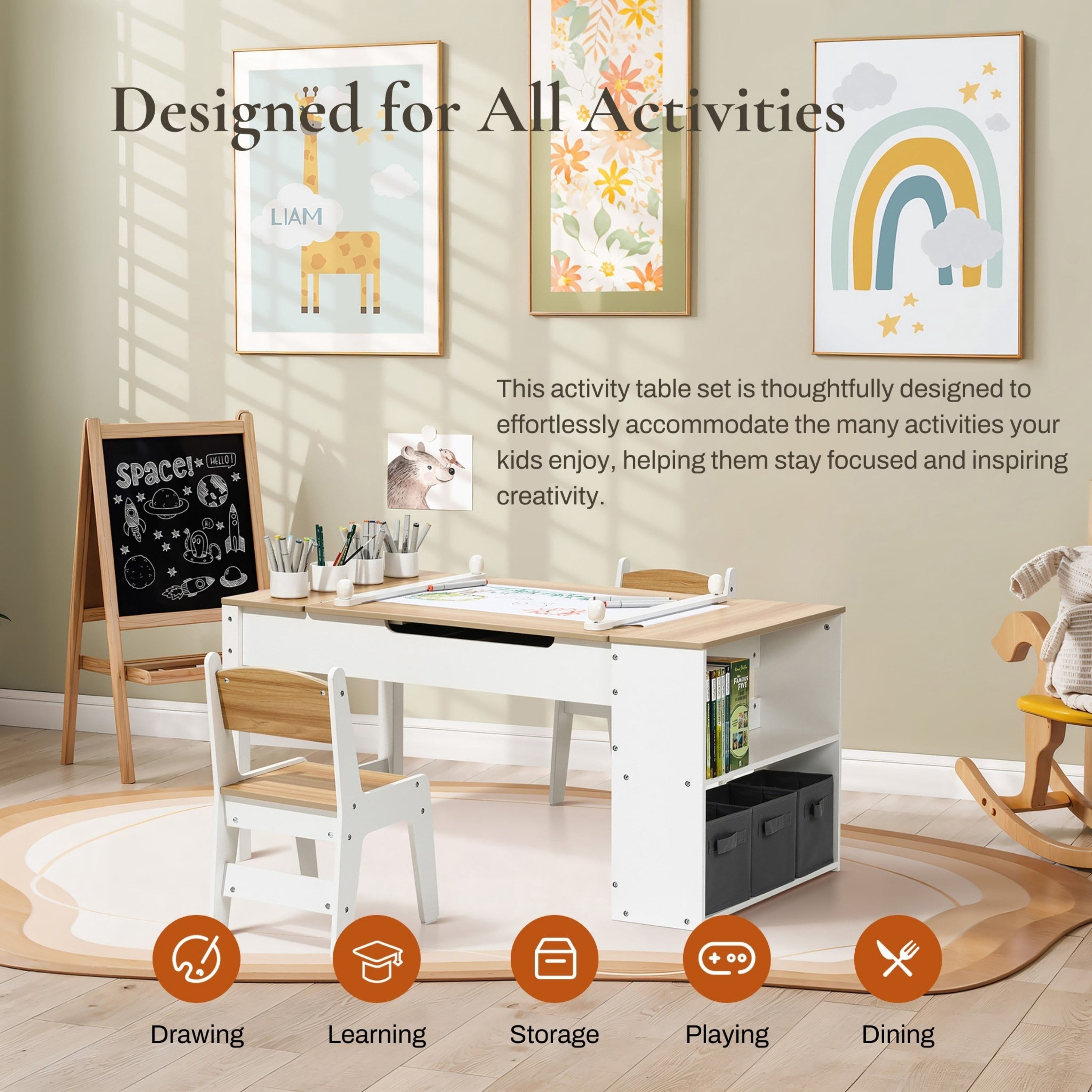 LuxenHome Activity Children Table with Storage Bookcase and 2 Chairs Set