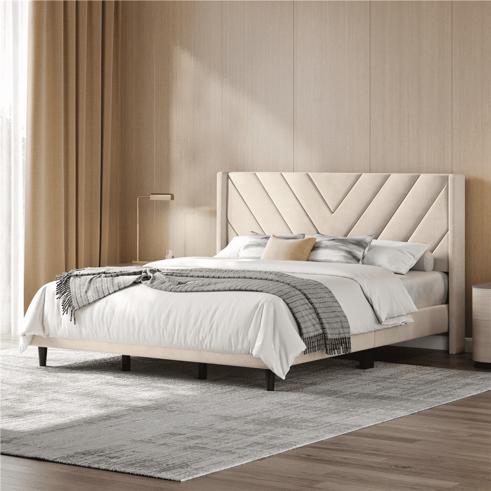 Renwick Upholstered Platform Bed Frame with Wooden Slat Support, King, Beige