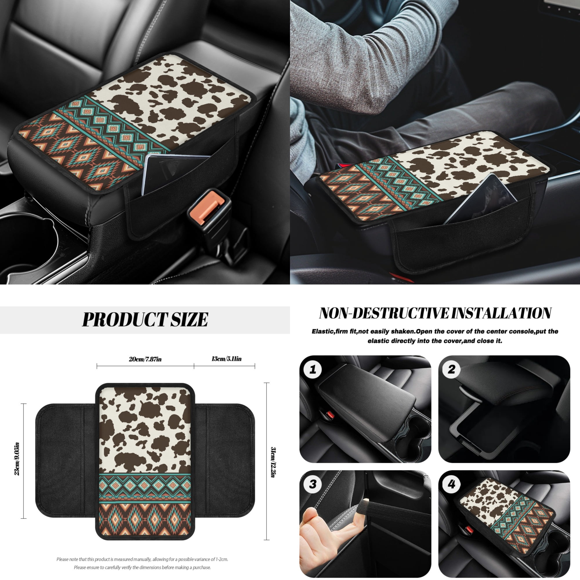 Yuyamidu 14 PCS Aztec Car Seat Cover Set with Steering Wheel Cover Seat Belt Covers Waste Bin Center Console Pad Brown Cow Print Rear View Mirror Cover Handbrake Cover Set Coasters for Truck Sedan