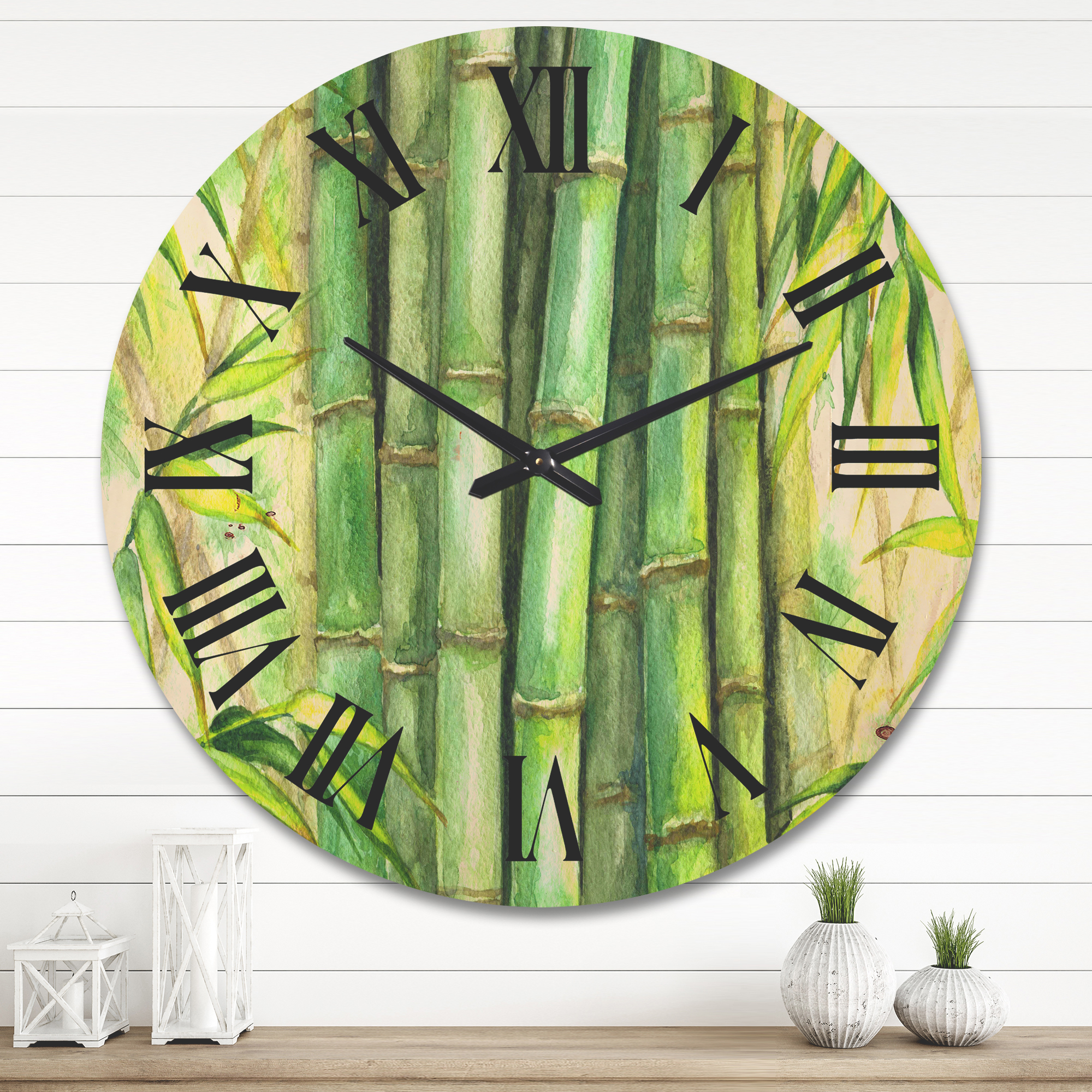 Designart 'Bright and Green Bamboo Stems' Transitional Wood Wall Clock