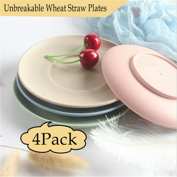 CHUANK 6 Inch Wheat Straw Flat Plastic Plates (Set of 4 Dinner Plates) - Dishwasher & Microwave Safe - Unbreakable, Reusable, Lightweight, Eco-Friendly & BPA Free - Kids, Toddlers & Adults