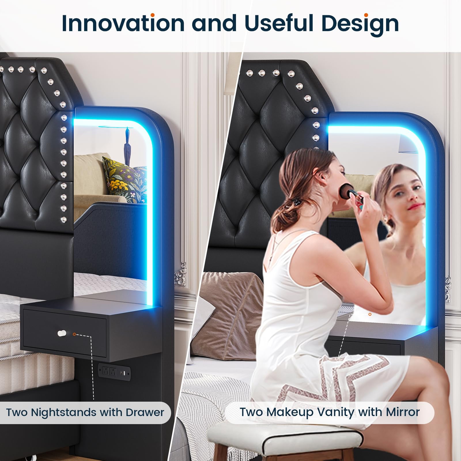 Queen Bed Frame with 2 Nighstands, Power Outlets and 4 Drawers, Upholstered Bed with Vanity Tables and Mirrors, Modern Velvet Tufted Platform Bed with Headboard & Footboard, Black