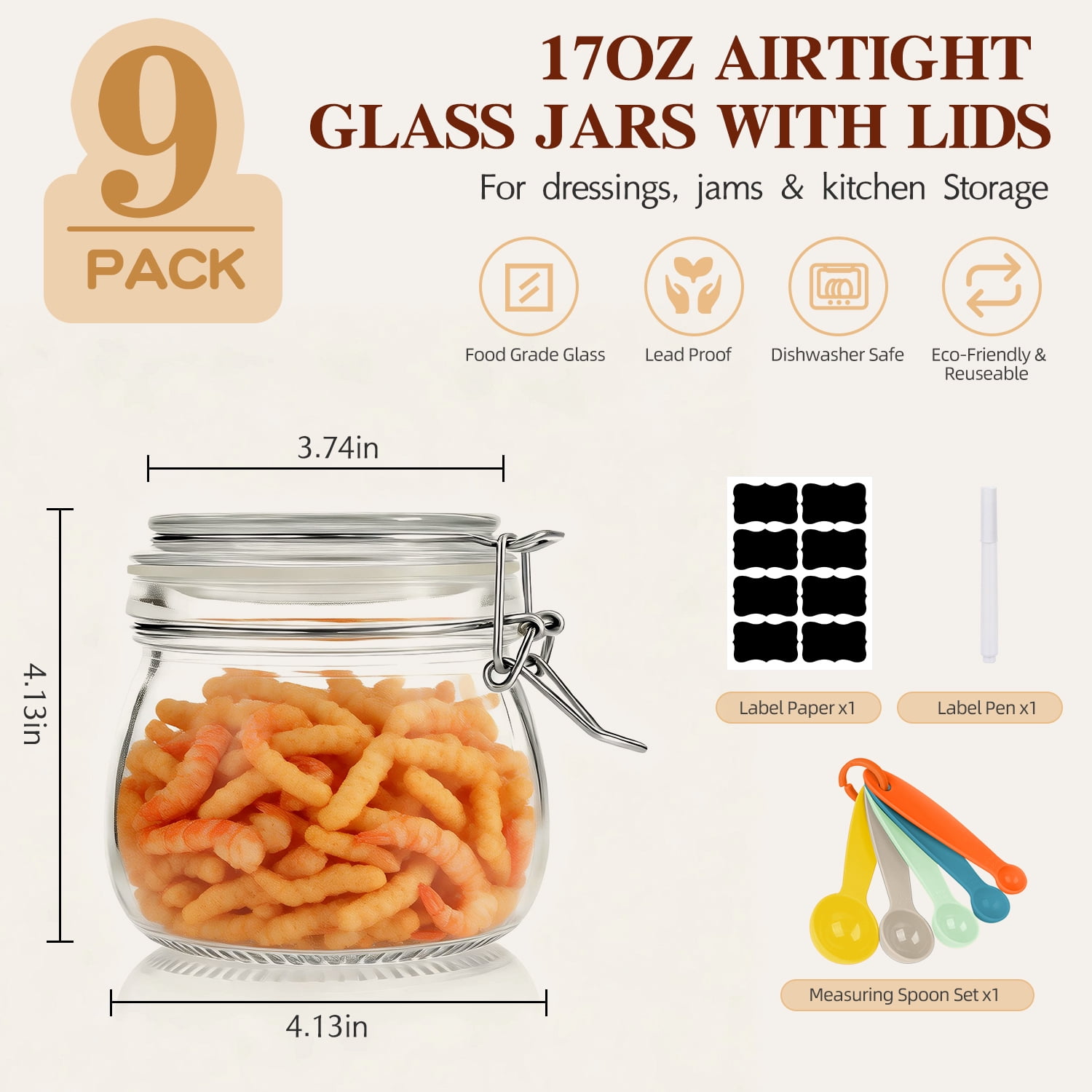 9 Pcs Airtight Glass Jars Set Includes 3 Accessories, TAIMASI 17oz Food Storage Jar with Airtight Clamp Lids, Small Clear Mason Jars for Kitchen Canning, Flour, Cereal