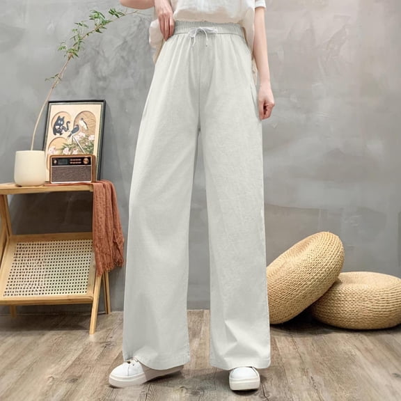 ClodeEU Women's High Waisted Linen Pants ,Wide Leg Trousers With Pockets,Elastic Waist Pant With Drawstring White,Womens Plus XXL