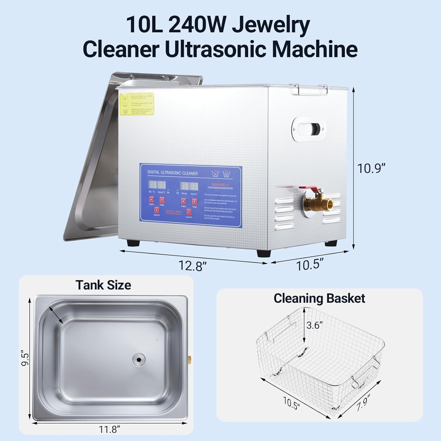 Yeshouse Industrial 10L/2.64Gal Ultrasonic Cleaner 240W 40kHz | Heated Heavy-Duty Tank & Digital Timer | for Automotive Parts, Dental Equipment, Precision Components, Jewelry & Optical Tools