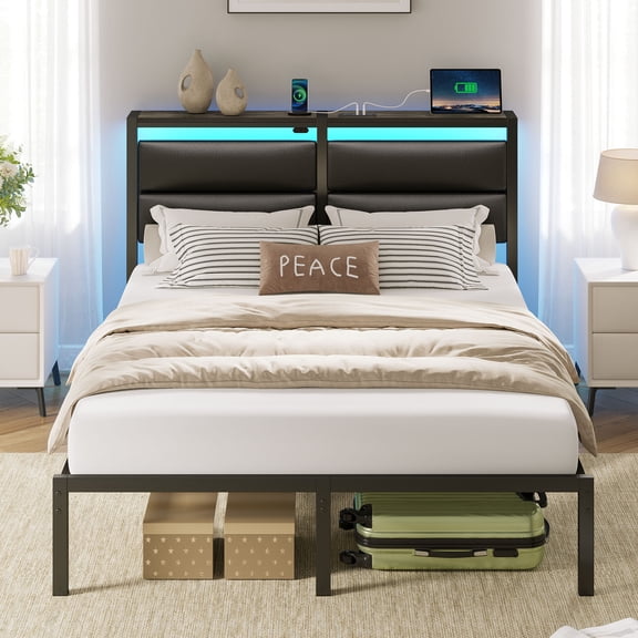 Greenstell Full Size Bed Frame with LED Lights, USB Outlets & Under-Bed Storage, Modern Headboard for Bedroom，Black